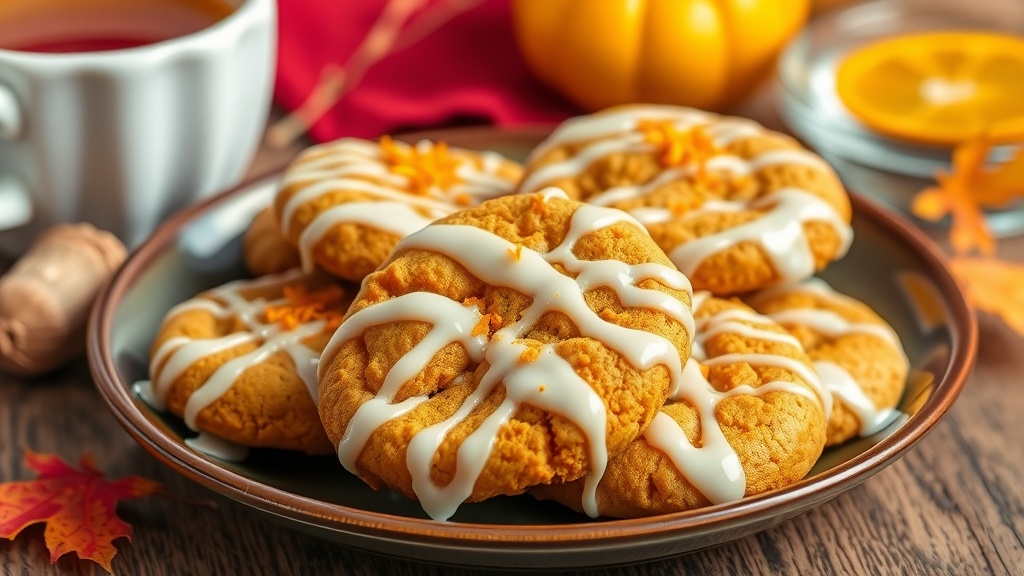 Citrus-Infused Pumpkin Cookies Recipe A plate of citrus-infused pumpkin cookies with icing, surrounded by autumn leaves and a cup of tea.